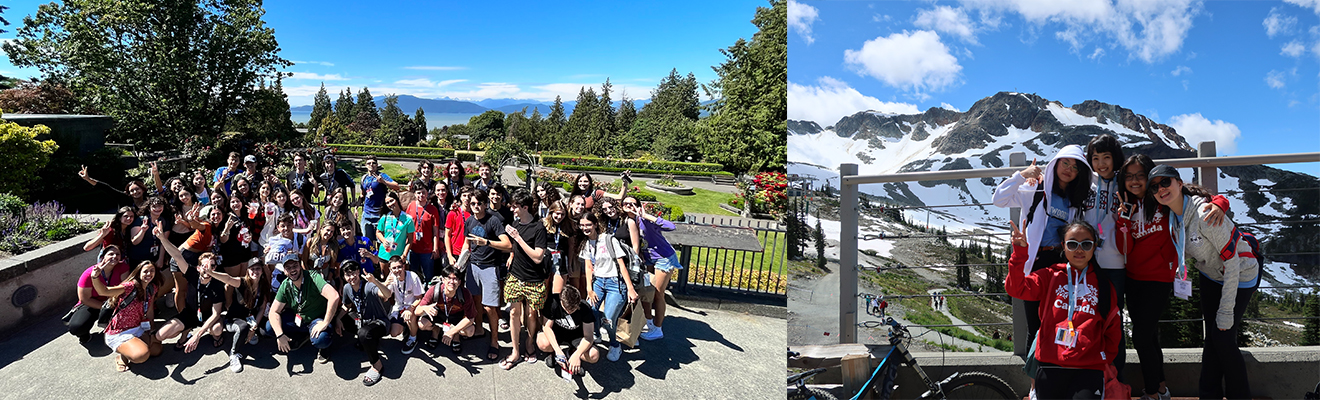 同學在加拿大不列顛哥倫比亞大學植物園合照，背景是壯麗山景與藍天白雲，展現夏日探索自然與學術交流的樂趣 | 同學在加拿大惠斯勒雪山山頂興奮合影，在雪景與藍天襯托下留下難忘回憶 | 加拿大遊學團