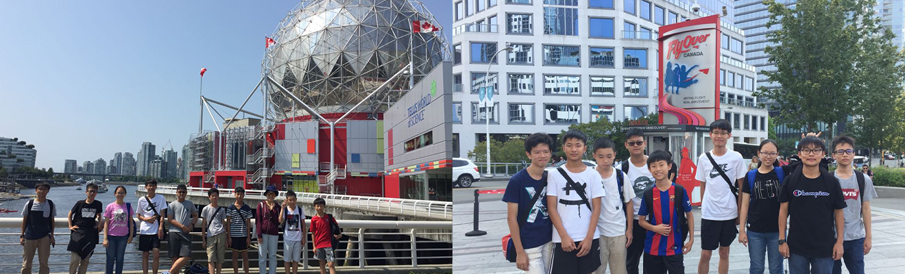 同學參訪溫哥華科學館 Science World，在其標誌性銀色球體建築前合影，體驗加國科學與城市魅力 | 同學站在FlyOver Canada飛行劇場入口前拍照，準備展開一場模擬飛越全加拿大的沉浸式冒險 | 加拿大遊學團