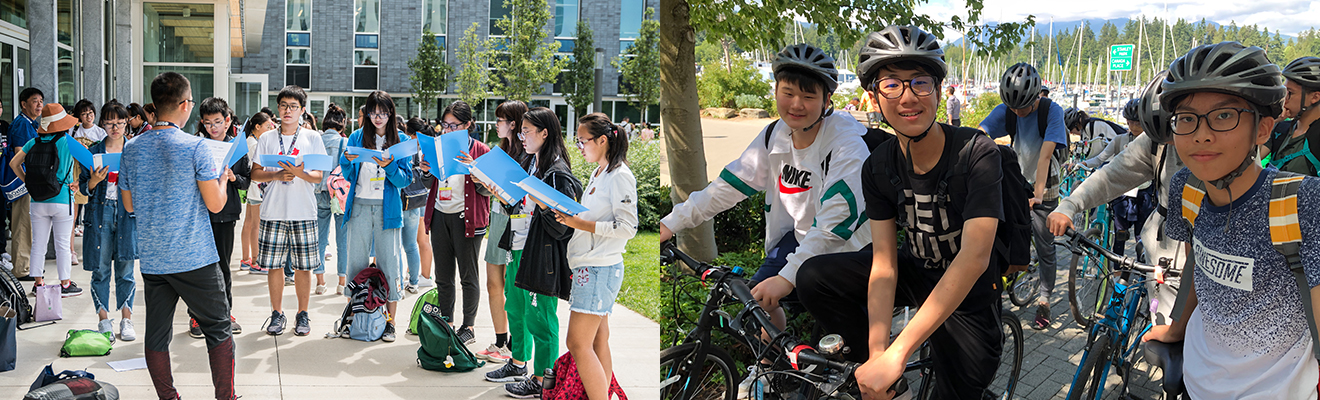 同學於加拿大大學校園中進行戶外學習活動，專注朗讀教材，展現沉浸式學術體驗的真實一刻 | 同學於溫哥華史丹利公園海邊騎單車，頭戴安全帽展現活力青春，背景可見遊艇與遠山景致 | 加拿大遊學團